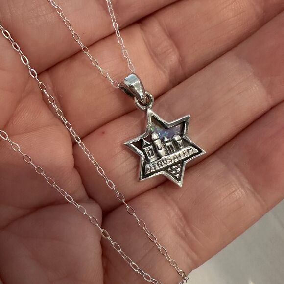 Sterling Silver Lab Opal Pendant Star of David Jerusalem Necklace - Picture 3 of 8